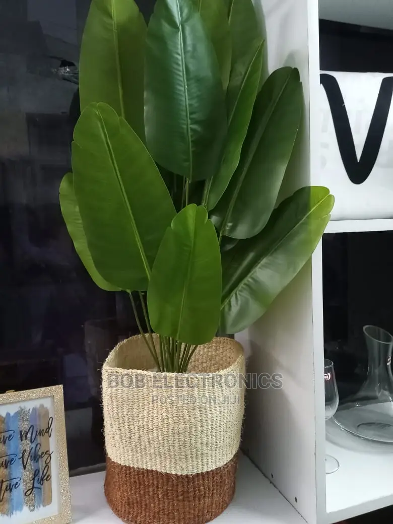 Artificial Banana Plant With Woven Basket and Pebbles