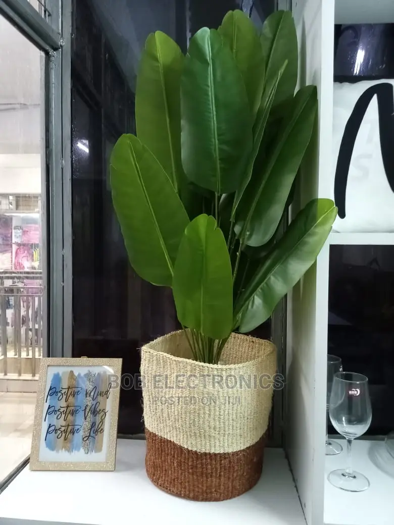 Artificial Banana Plant With Woven Basket and Pebbles