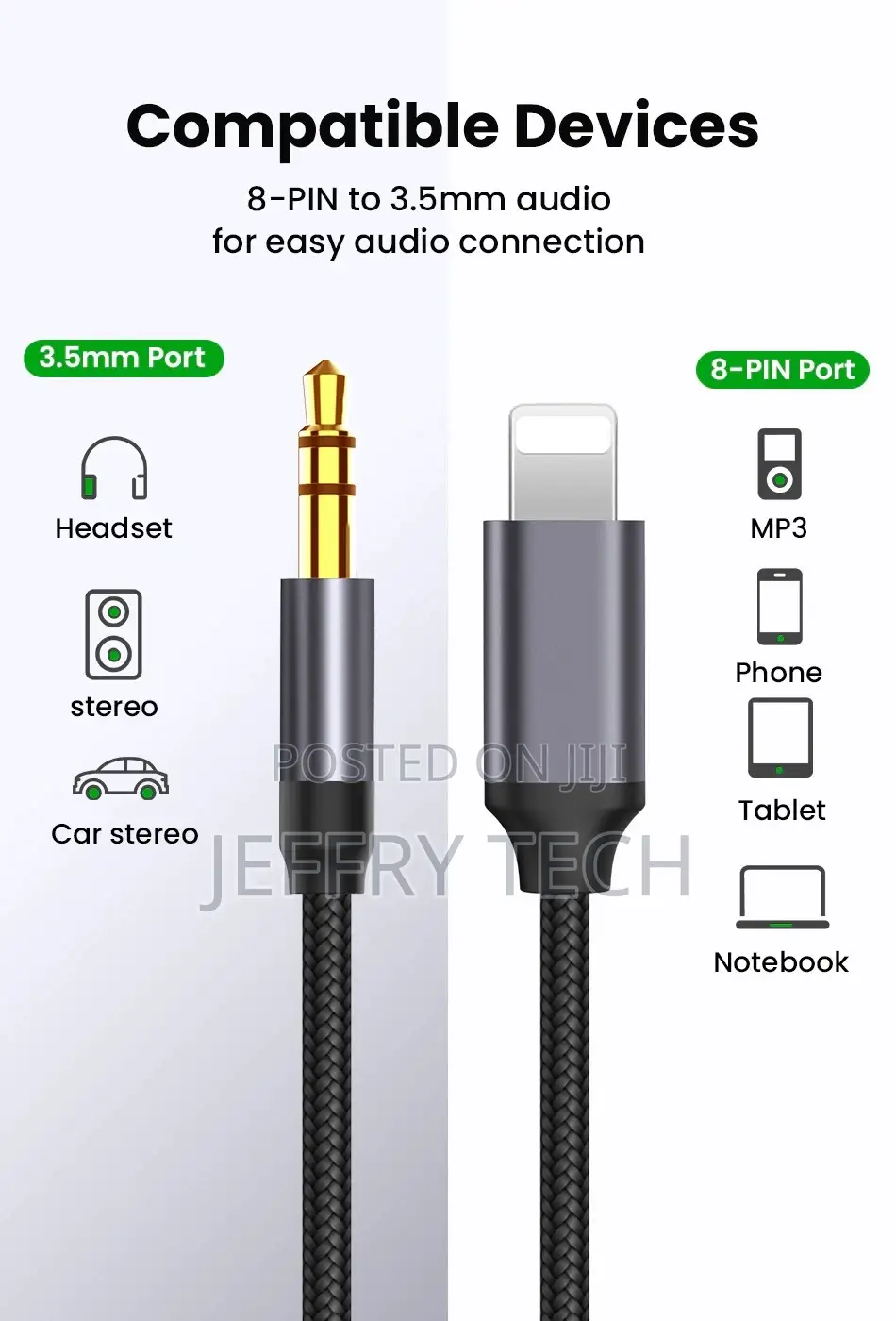 8 Pin to 3.5mm Jack AUX Cable Lighting to AUX Headphone Adap