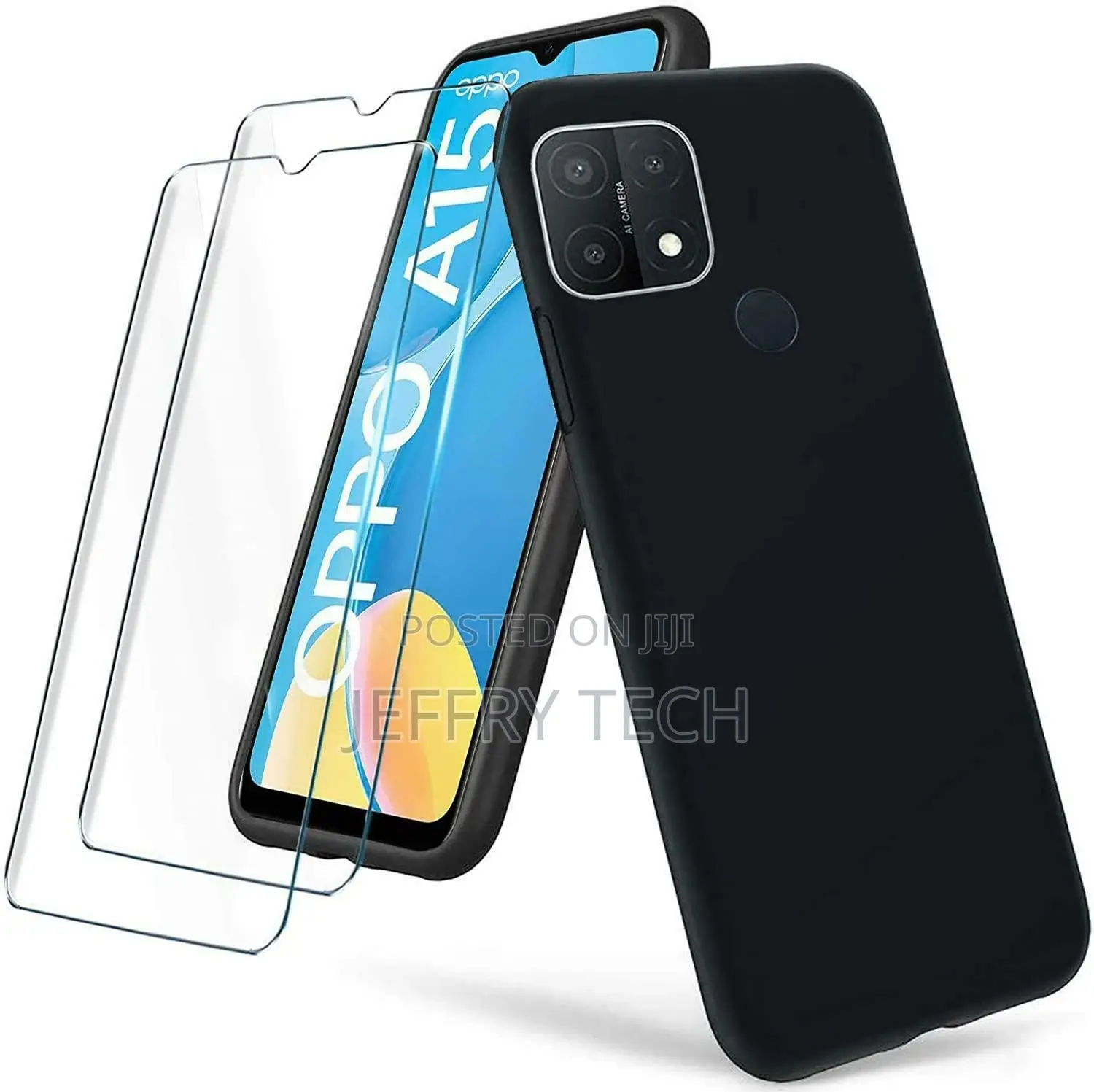 OPPO A15 Case, Black Shockproof Silicone Gel Phone Cover + 1