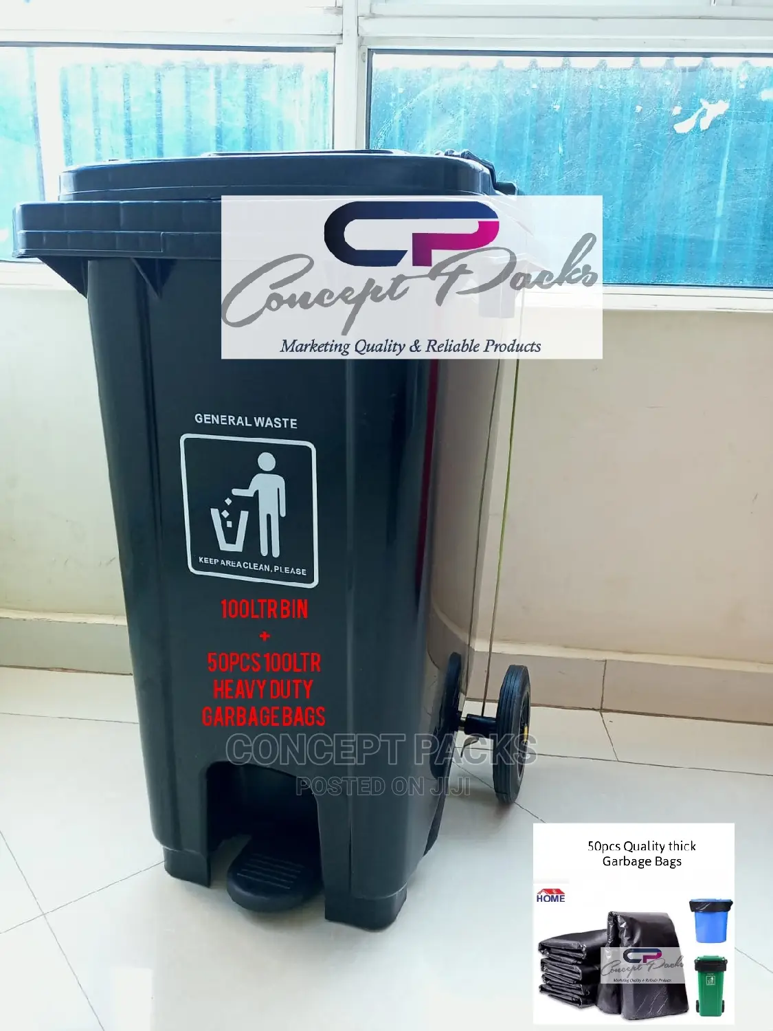 100 Litres Garbage Bin- Pedal and Wheels.