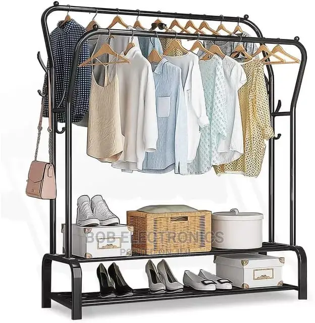 Curved Double Pole Clothes Hanging Rack With Double Storage