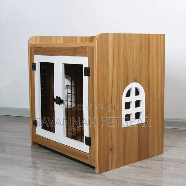 Walnut Indoor Wooden Dog House Crate, With Pull Tray