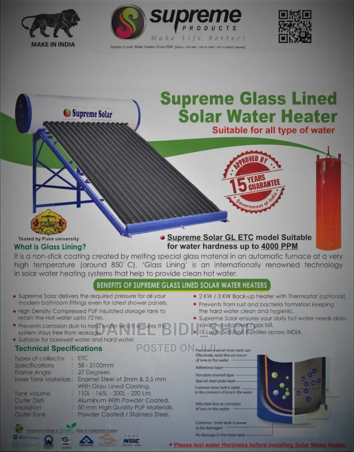 Supreme India Solar Heater Non Pressurized - Normal 200ltrs