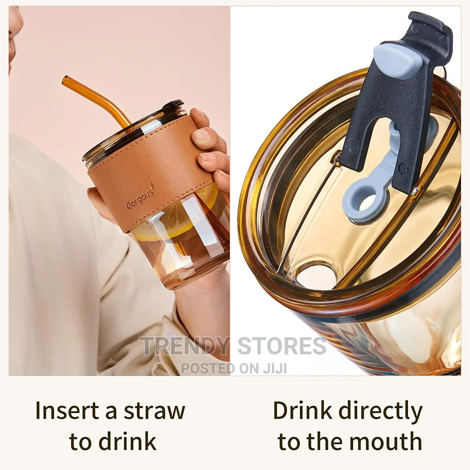 450ml Glass Tumbler/Cup With Straw And Leather Protective