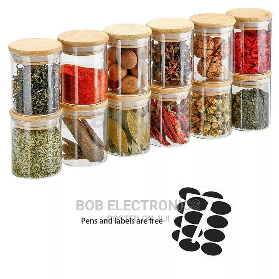12 Spice Jars With Bamboo Lids and Labels