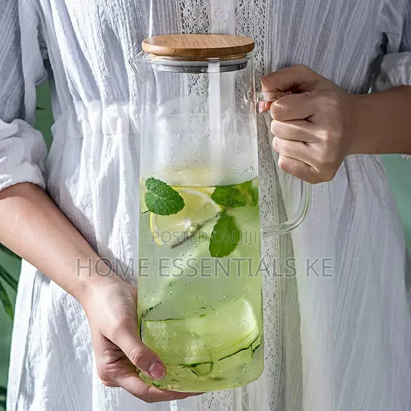 1.2L Thickened Glass Jug Bamboo Top Lid Heat Resistant