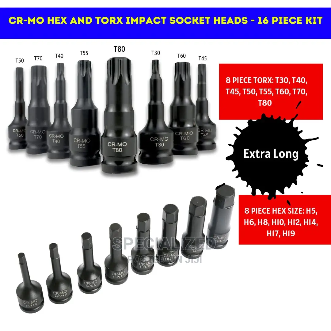 Cr-Mo HEX and TORX Impact Socket Heads - 16 Piece