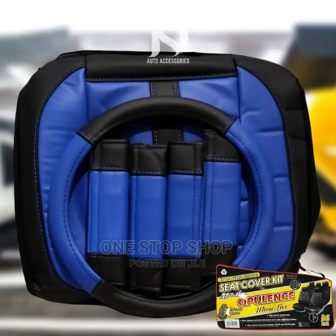 Blue Black Synthetic Leather Seat Cover With Steering Cover+2belt Pad