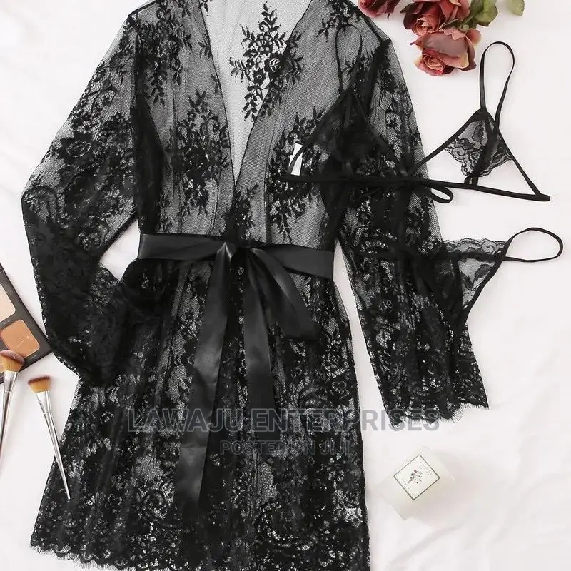 3pcs Robe, Thong Bra Lace Lingerie Set