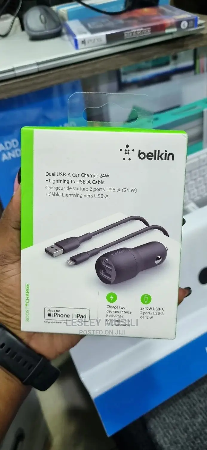 Belkin Dual USB-A Car Charger 24W +Lighting to Usb a Cable
