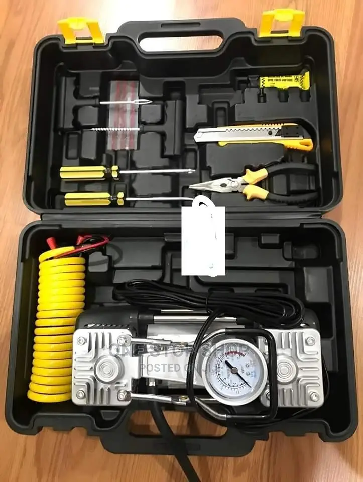 Double Twin Cylinder Tire Inflator +Flat Tire Repair Kit