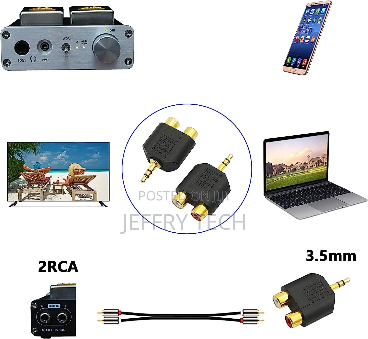 Gold Plated 3.5mm Stereo to 2-Rca Male to Female Adapter,Aud