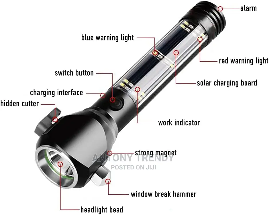 Rechargeable Solar Powered Flashlight With Glass Breaker