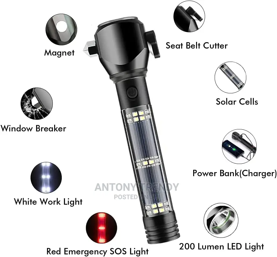 Rechargeable Solar Powered Flashlight With Glass Breaker
