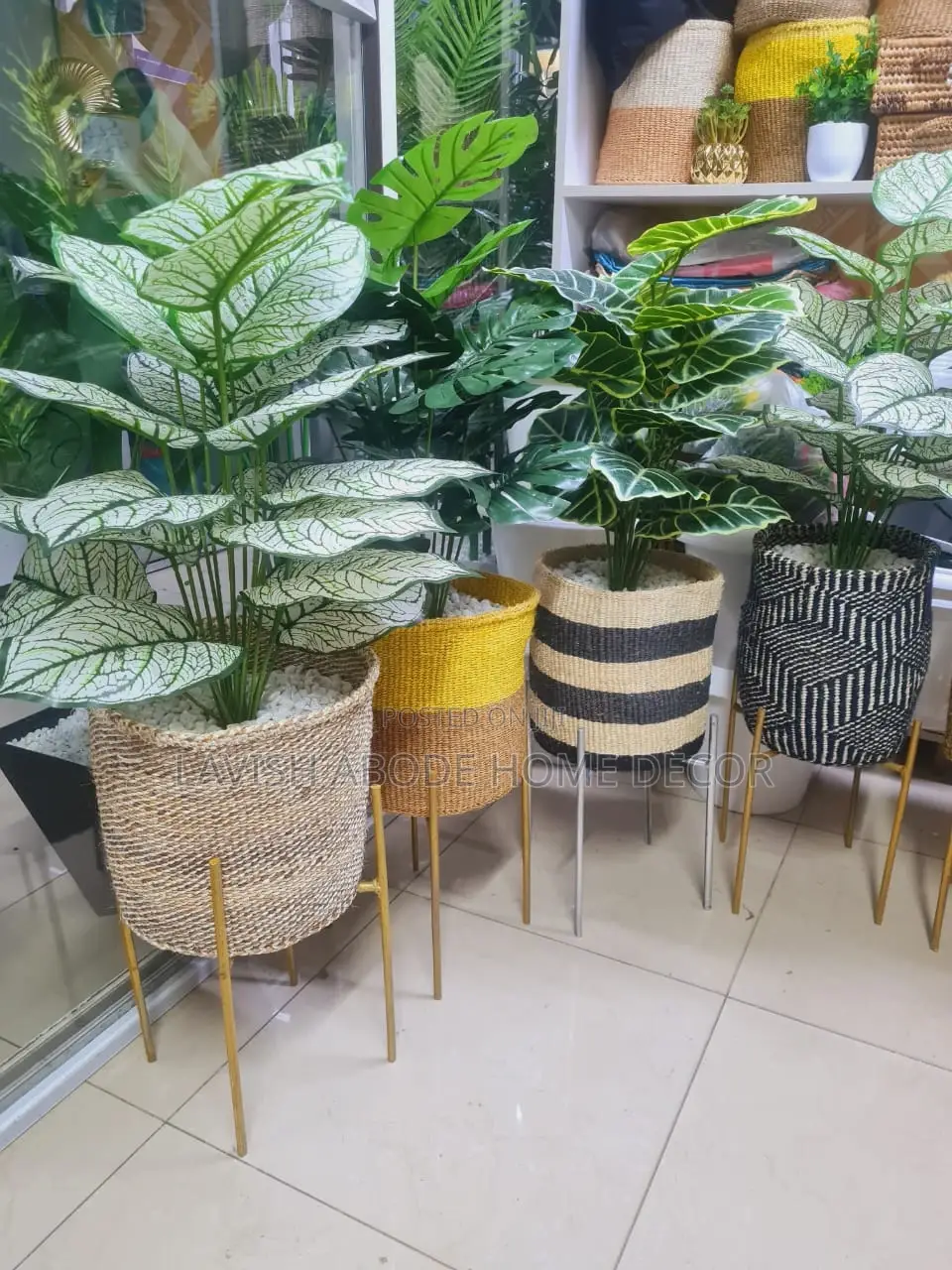 Artificial Indoor Plant With Wooven Kiondo Sisal Basket and Stand