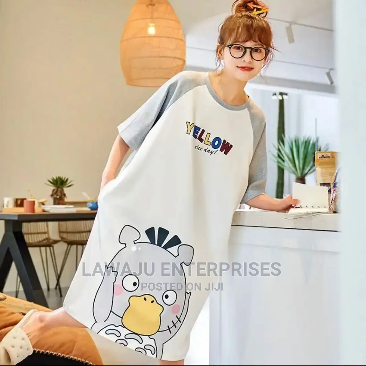 Yellow Nice Day Cotton Cute Onesie Women Sleep Shirt Pajamas