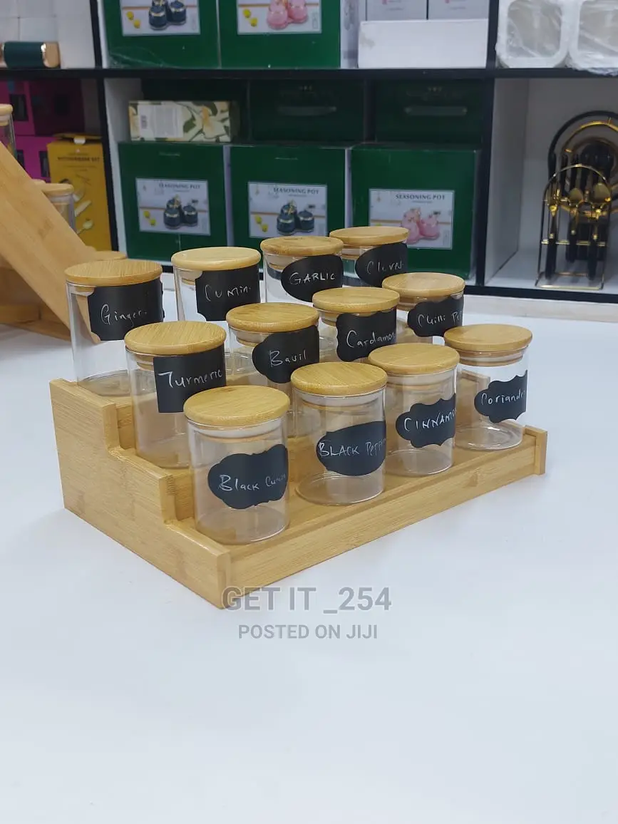 12pcs Glass Spice Jar Set With a Wooden Bamboo Stand