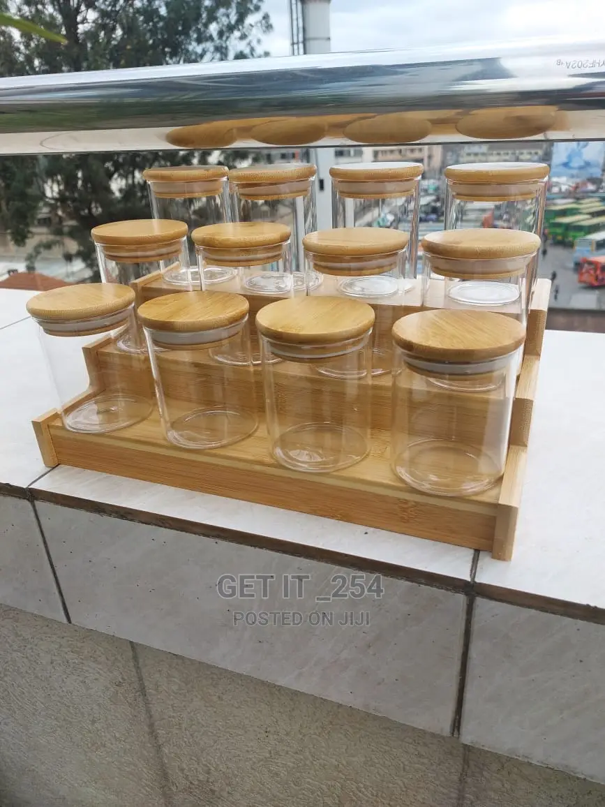 12pcs Glass Spice Jar Set With a Wooden Bamboo Stand