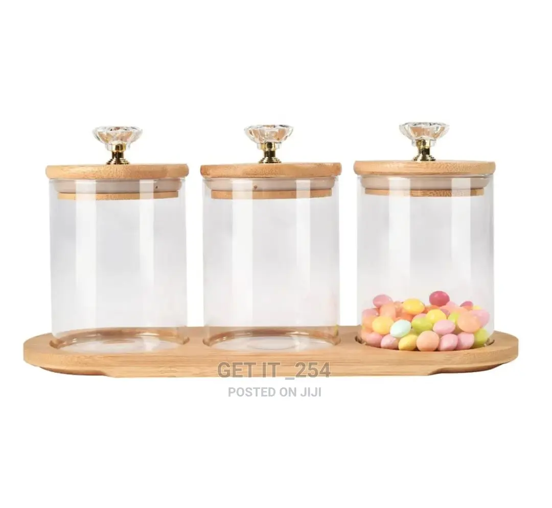 Candy Glass Storage Canister With Wood Lid And  Tray