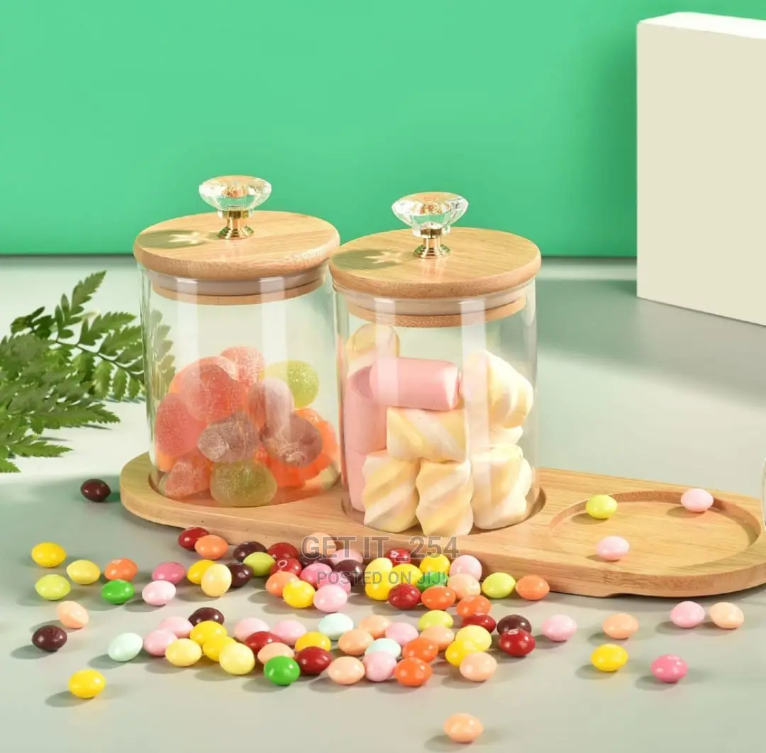 Candy Glass Storage Canister With Wood Lid And  Tray