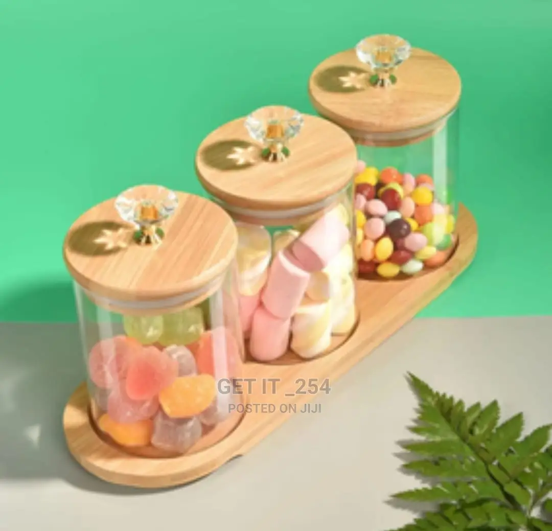 Candy Glass Storage Canister With Wood Lid And  Tray