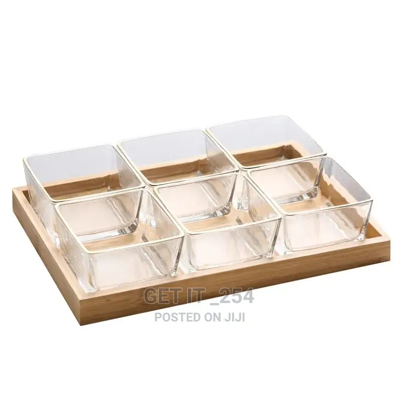 Glass Square Design Serving Plate Bowl With Bamboo Base