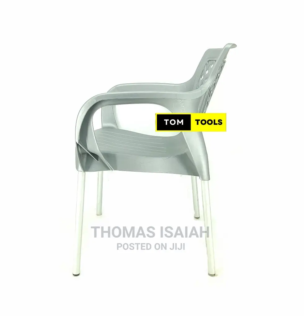 Gray Strong Comfortable Plastic Chair With Metal Tubing Legs