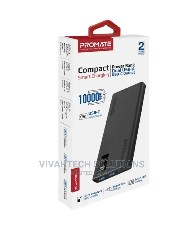 Promate 10000mah Slim Power Bank With USB-C Input and Output