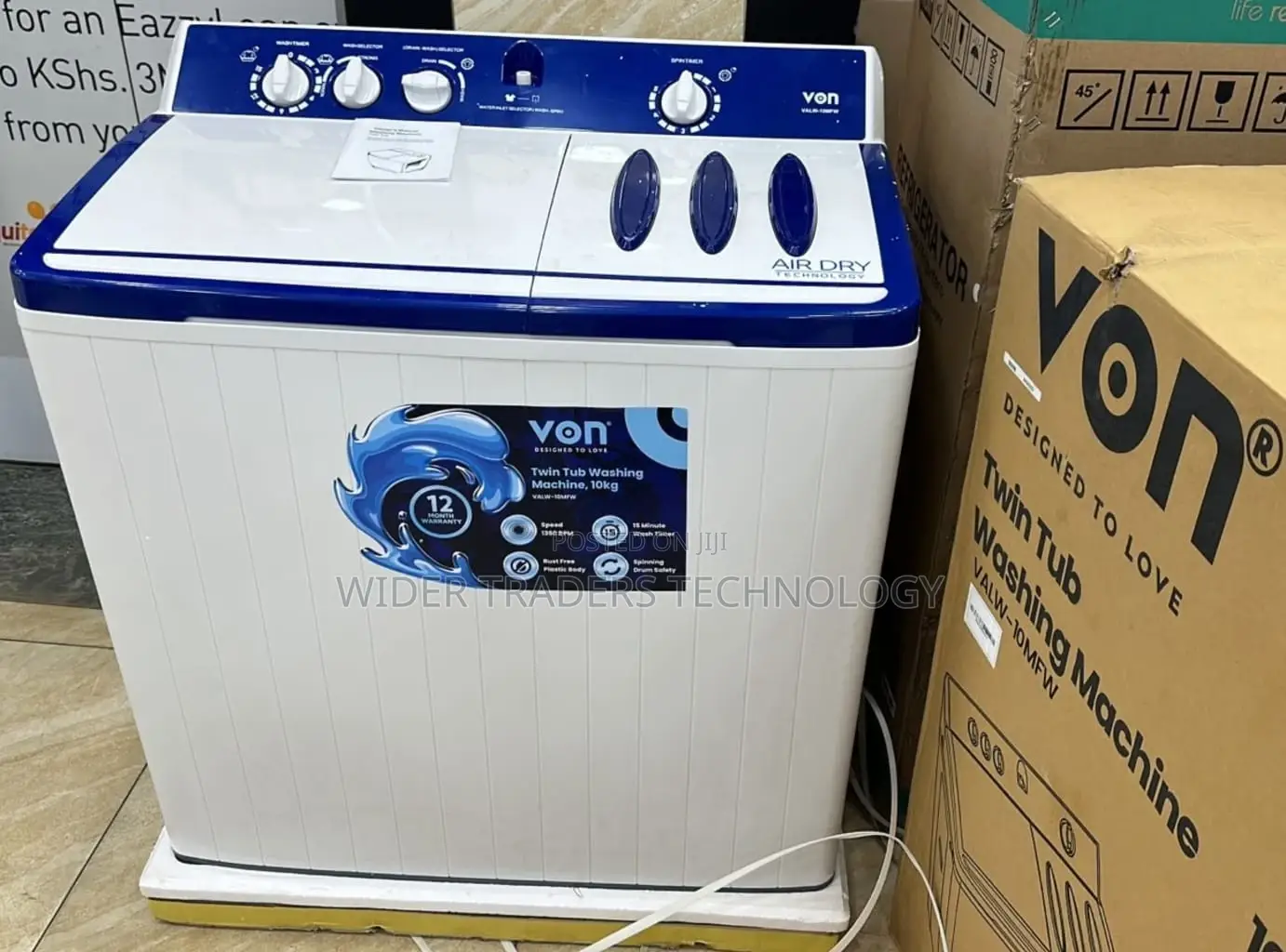 Von VALW-10MLW Twin Tub Washing Machine – White – 10 Kg
