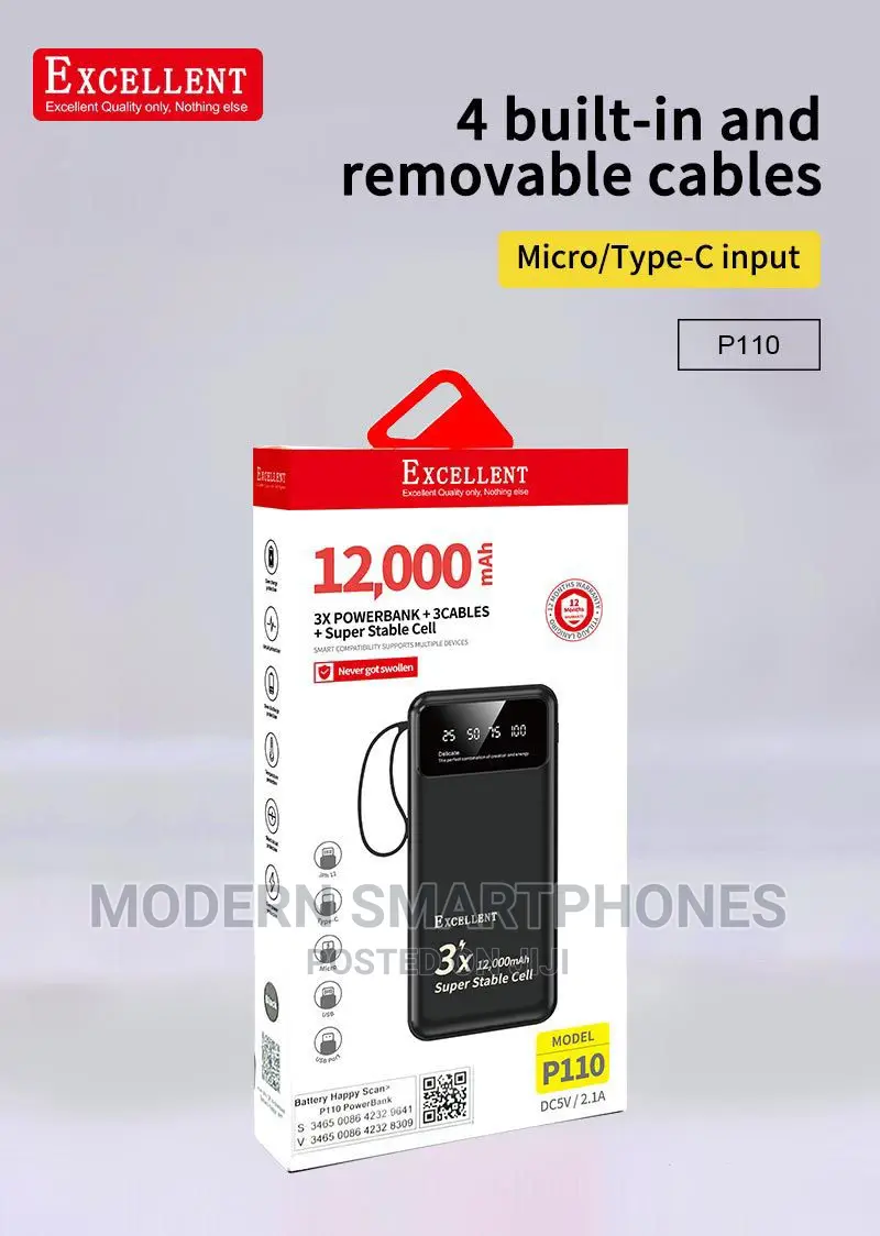 12000mah Quick Charge Powerbank With 3 Removable Cables 3x