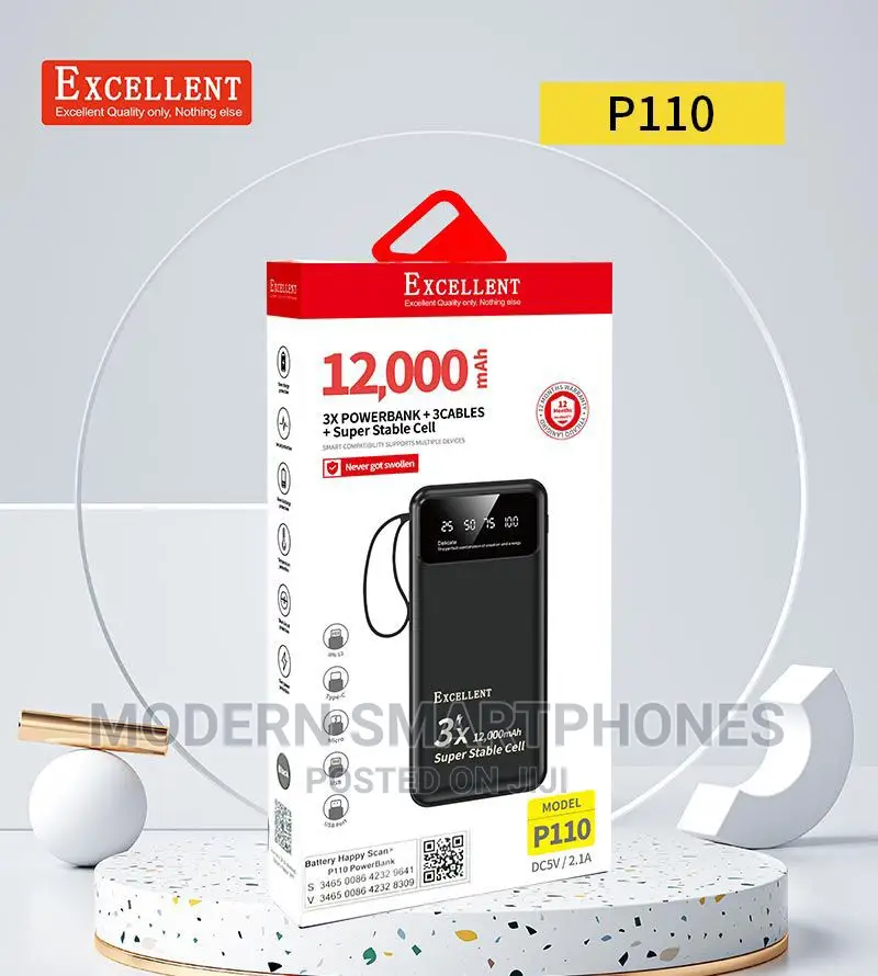 12000mah Quick Charge Powerbank With 3 Removable Cables 3x
