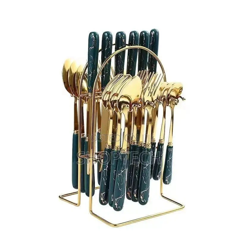 24pcs Cutlery Gold in Colour With Green Handle