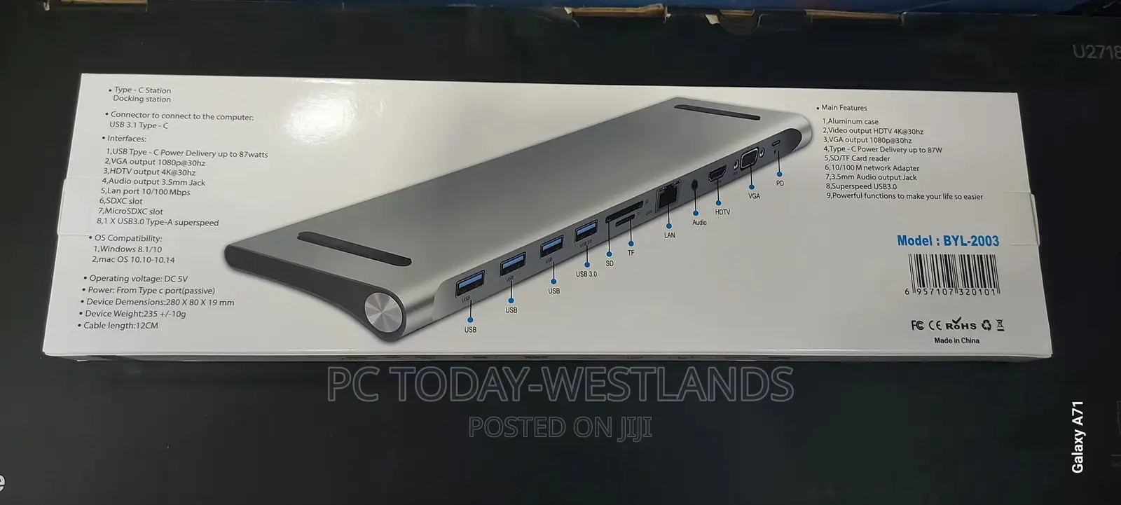 11 in 1 USB-C/Type-c to 4 X USB+SD/TF+RJ45+3.5mm+HDMI+VGA+PD