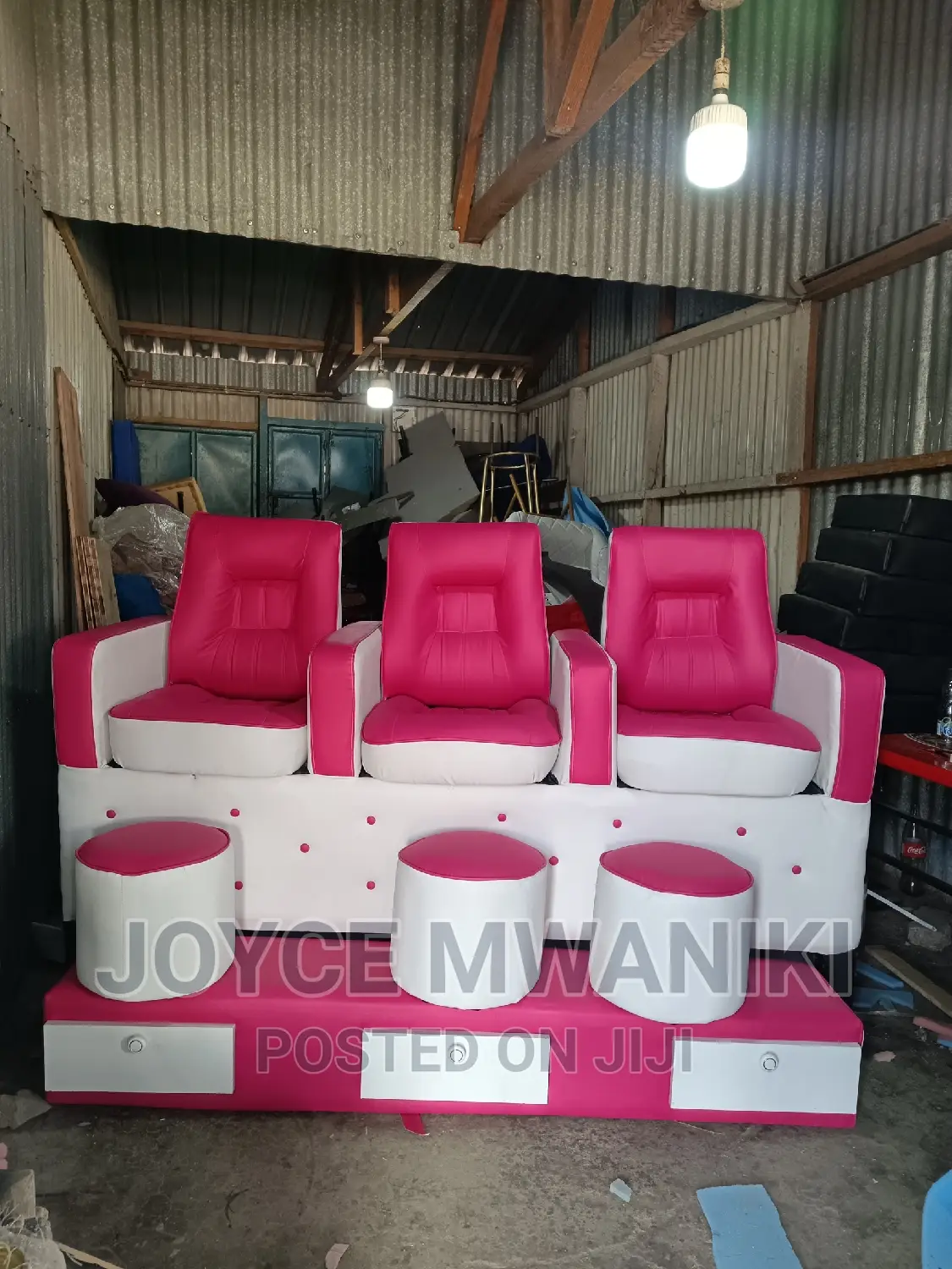 Pedicure Seat Pink and White 3 Seater With Drawers.