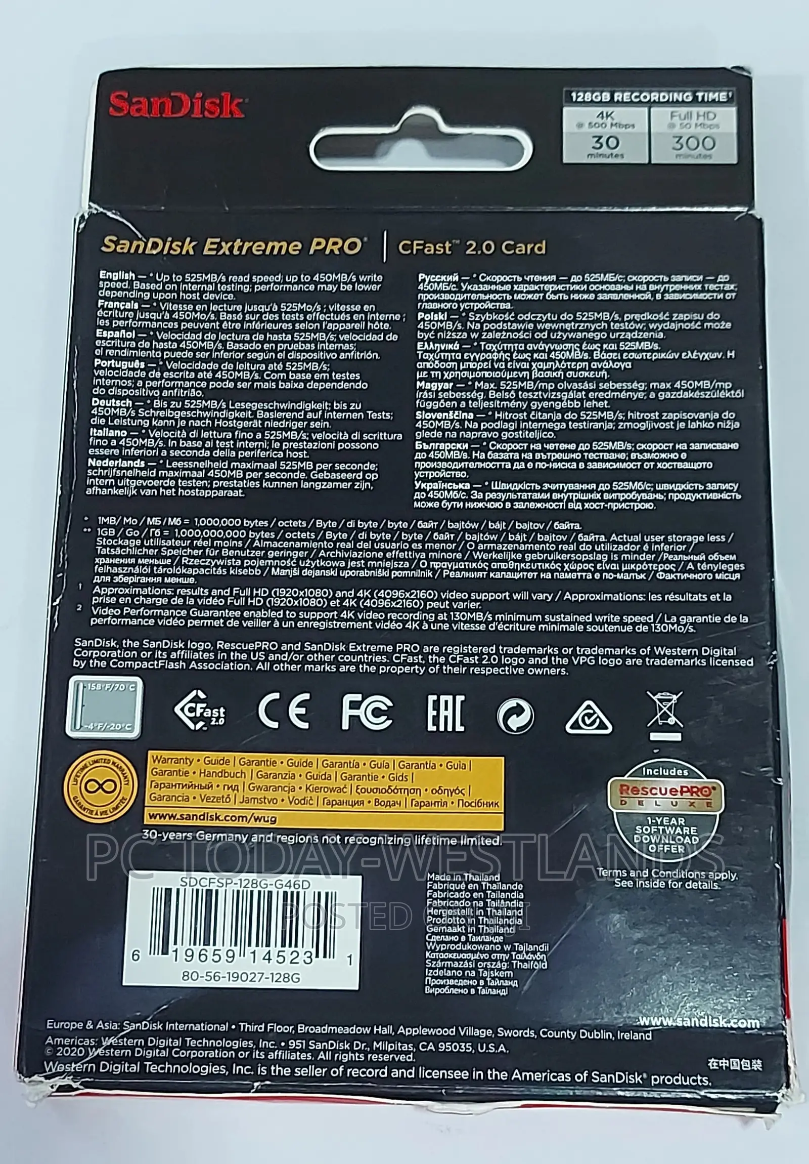 Sandisk 128GB Extreme PRO Cfast 2.0 Memory Card - SDCFSP-128