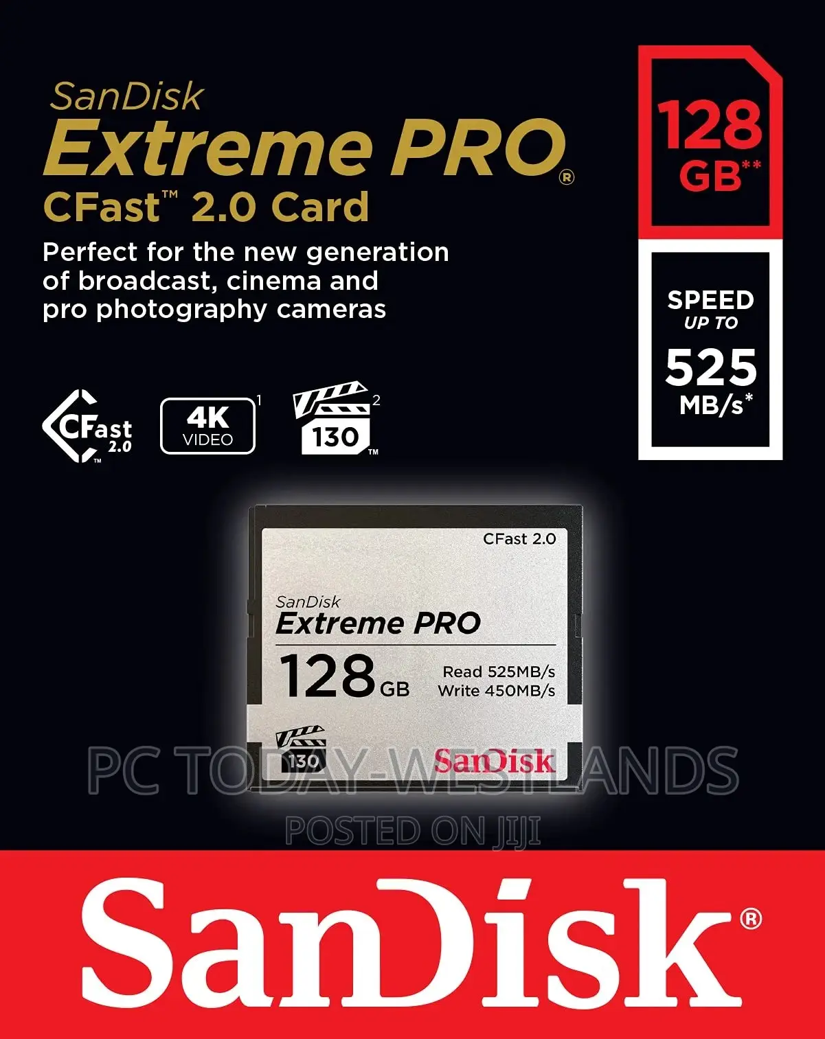 Sandisk 128GB Extreme PRO Cfast 2.0 Memory Card - SDCFSP-128