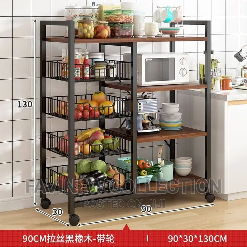 Multifunctional Metallic Kitchen Rack With Lockable Wheels