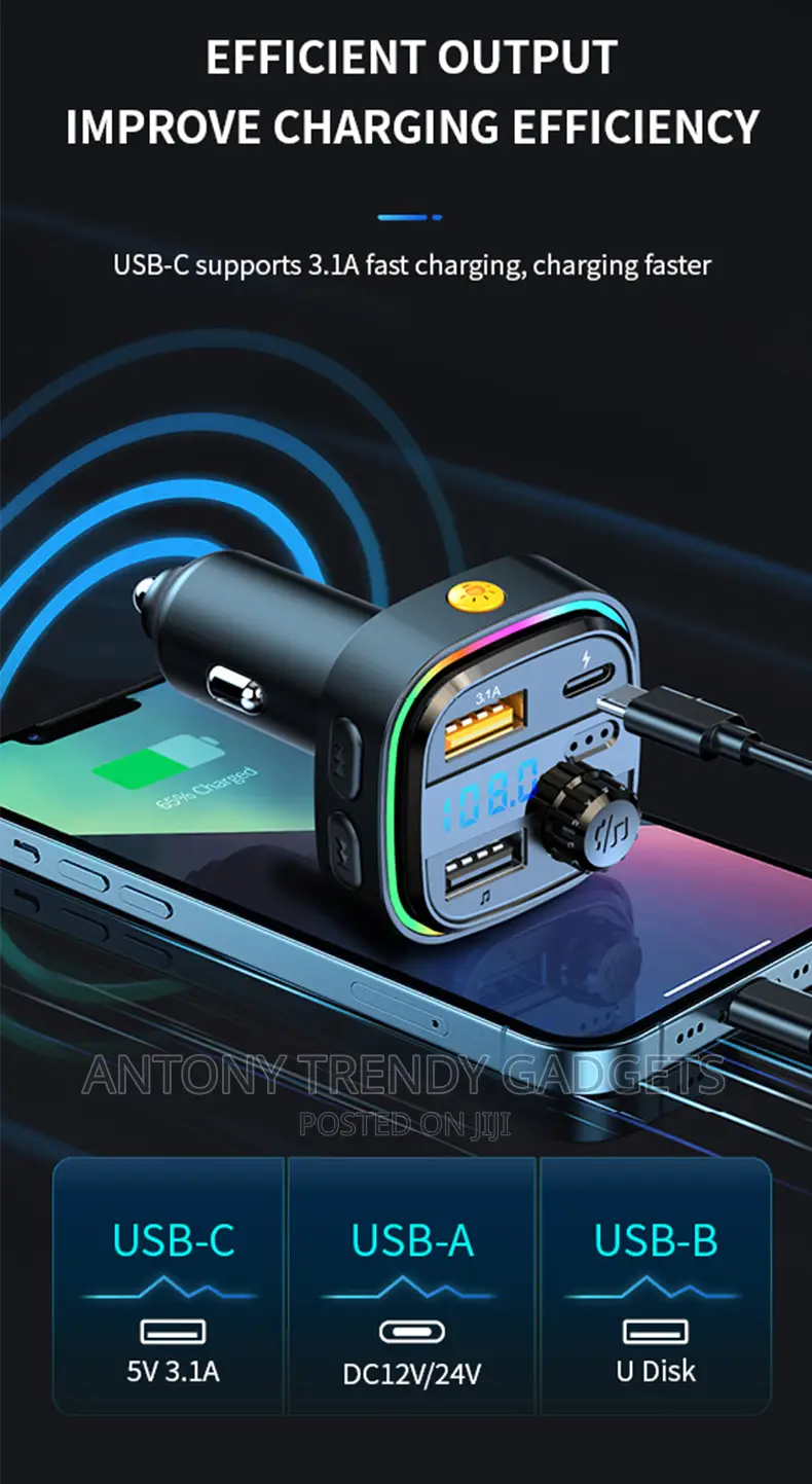 Car Bluetooth 5.0 FM Transmitter 7-Color Atmosphere Light Ca