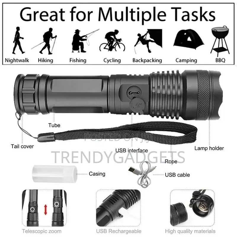 Most Powerful Flashlight 5 Modes Usb Zoom Led Torch Aluminiu