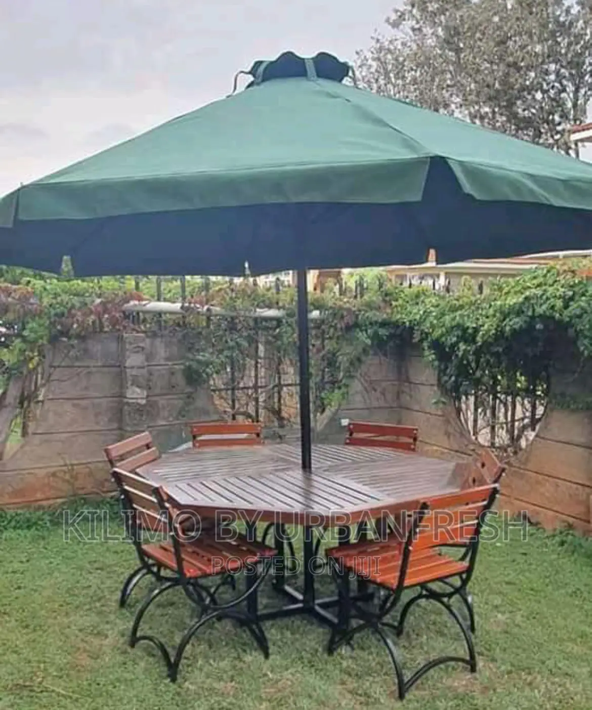 Garden Umbrella + Wooden Chairs Table