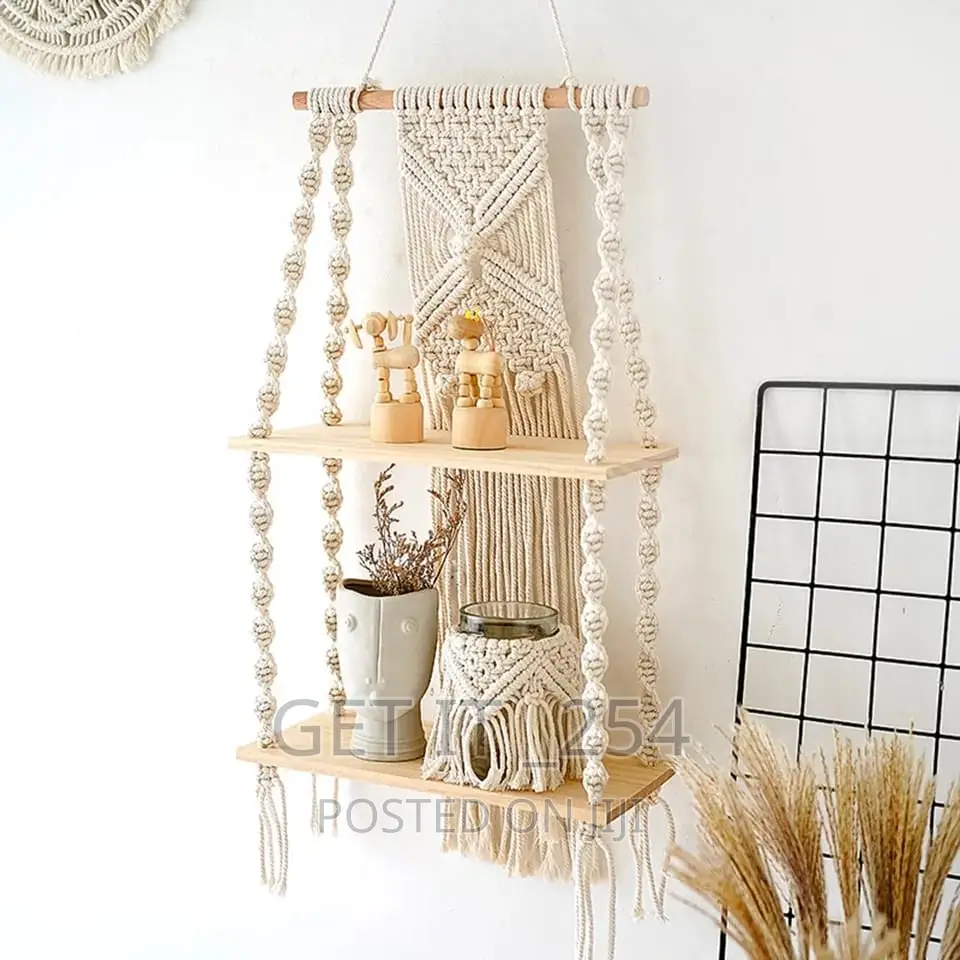 Woven Tapestry 2 Tier Bohemian Wall Hanging Floating Shelves