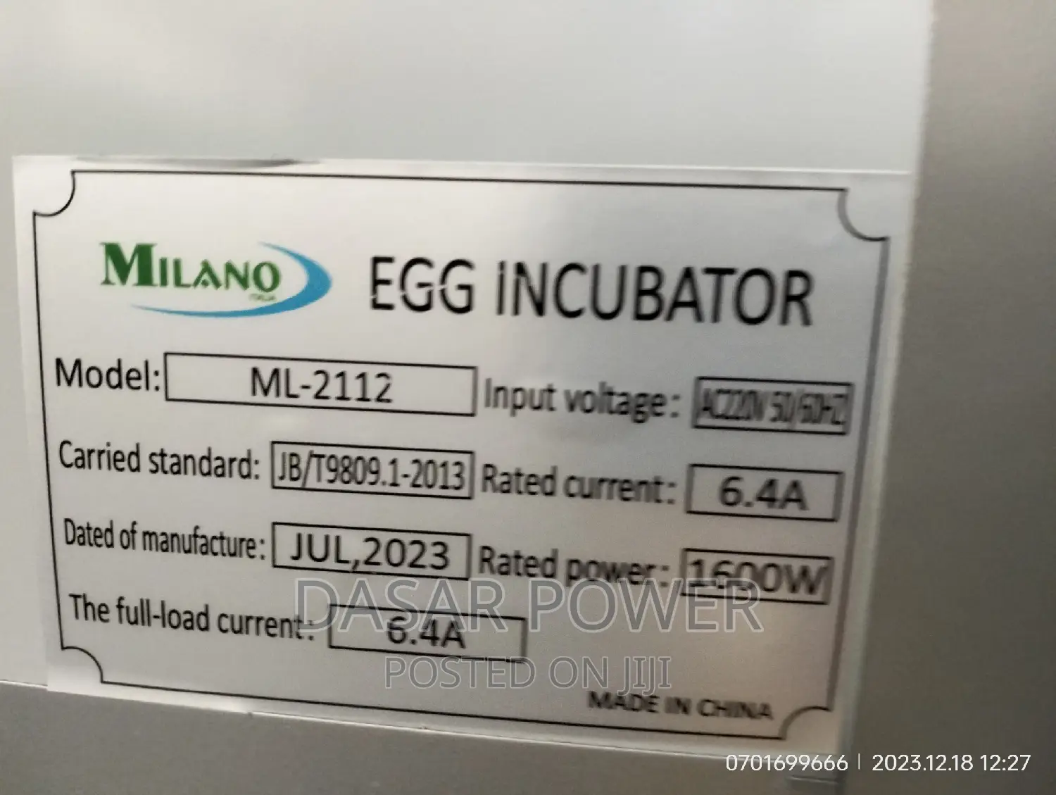 ML 2112 Egg Incubator