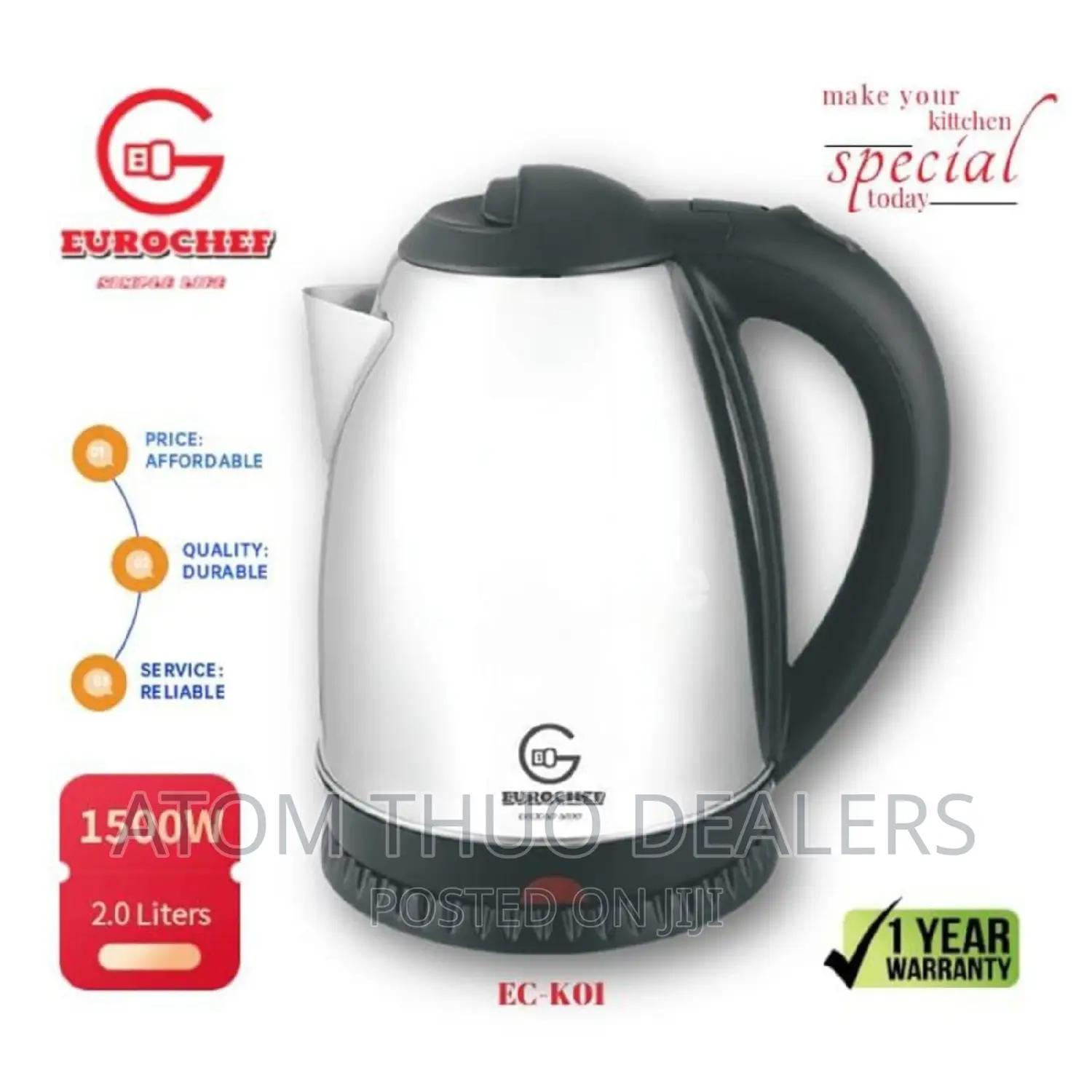 Eurochef Stainless Steel,Automatic,Cordless Kettle1500w2.0L