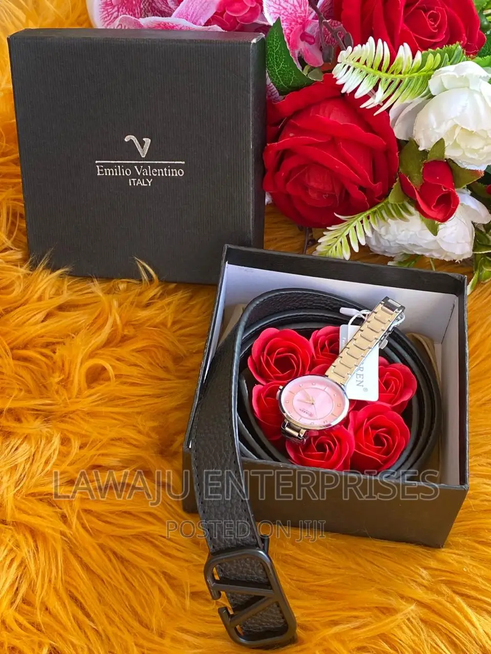 Ladies Leather Belt, Watch Red Roses Gift Pack