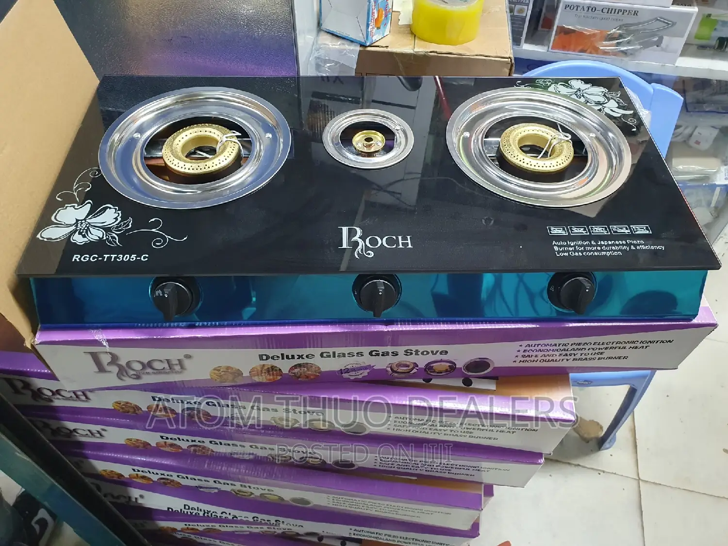 3 Gas Burners Roch Glass Top Cooker 