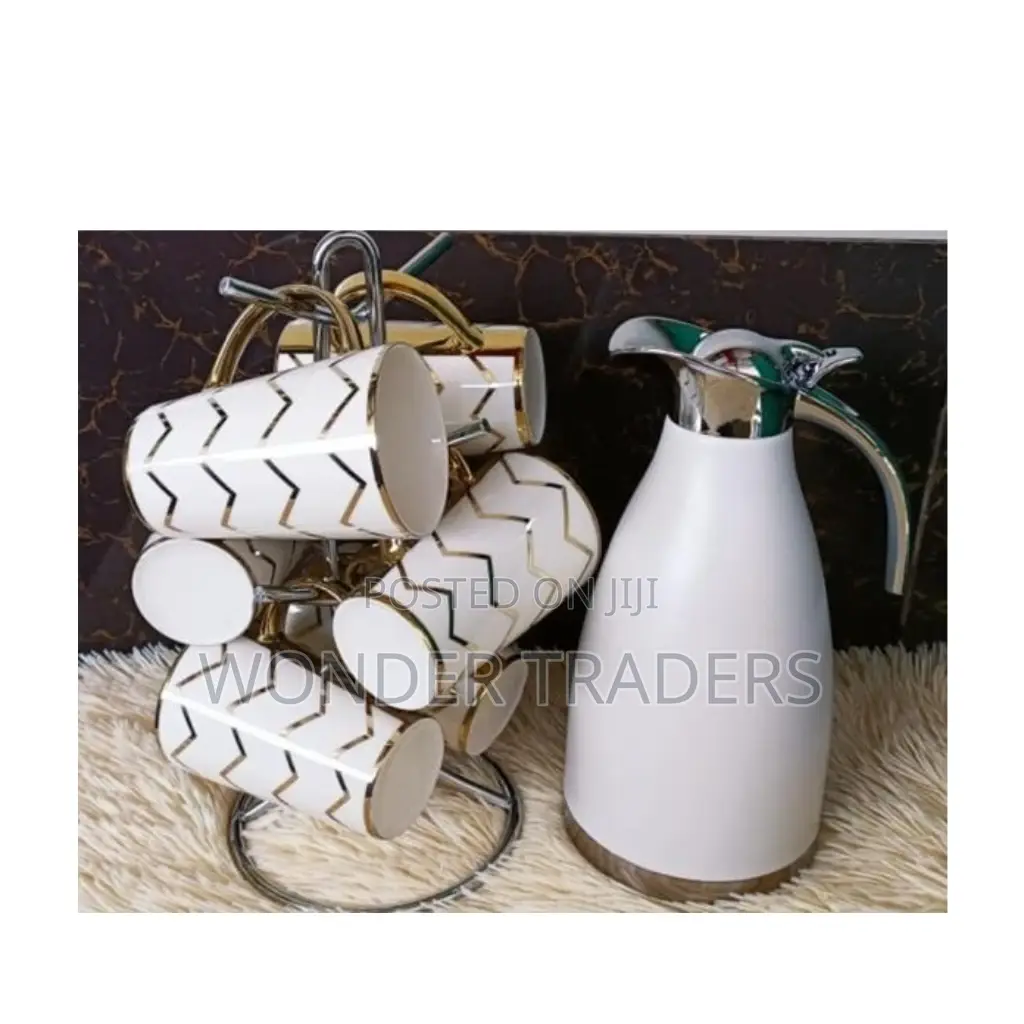6 PCS Mugs Stripe Gold and 2 LTR Flask