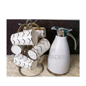 6 PCS Mugs Stripe Gold and 2 LTR Flask