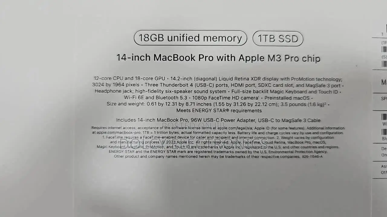 New Laptop Apple MacBook Pro 18GB Apple M3 Pro SSD 1T