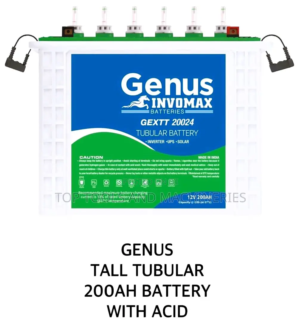 Genus Tall Tubular 200ah Battery With Acid. Made in India